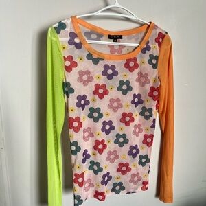 dELiA*s Floral Mesh Tee with Neon Orange Trim